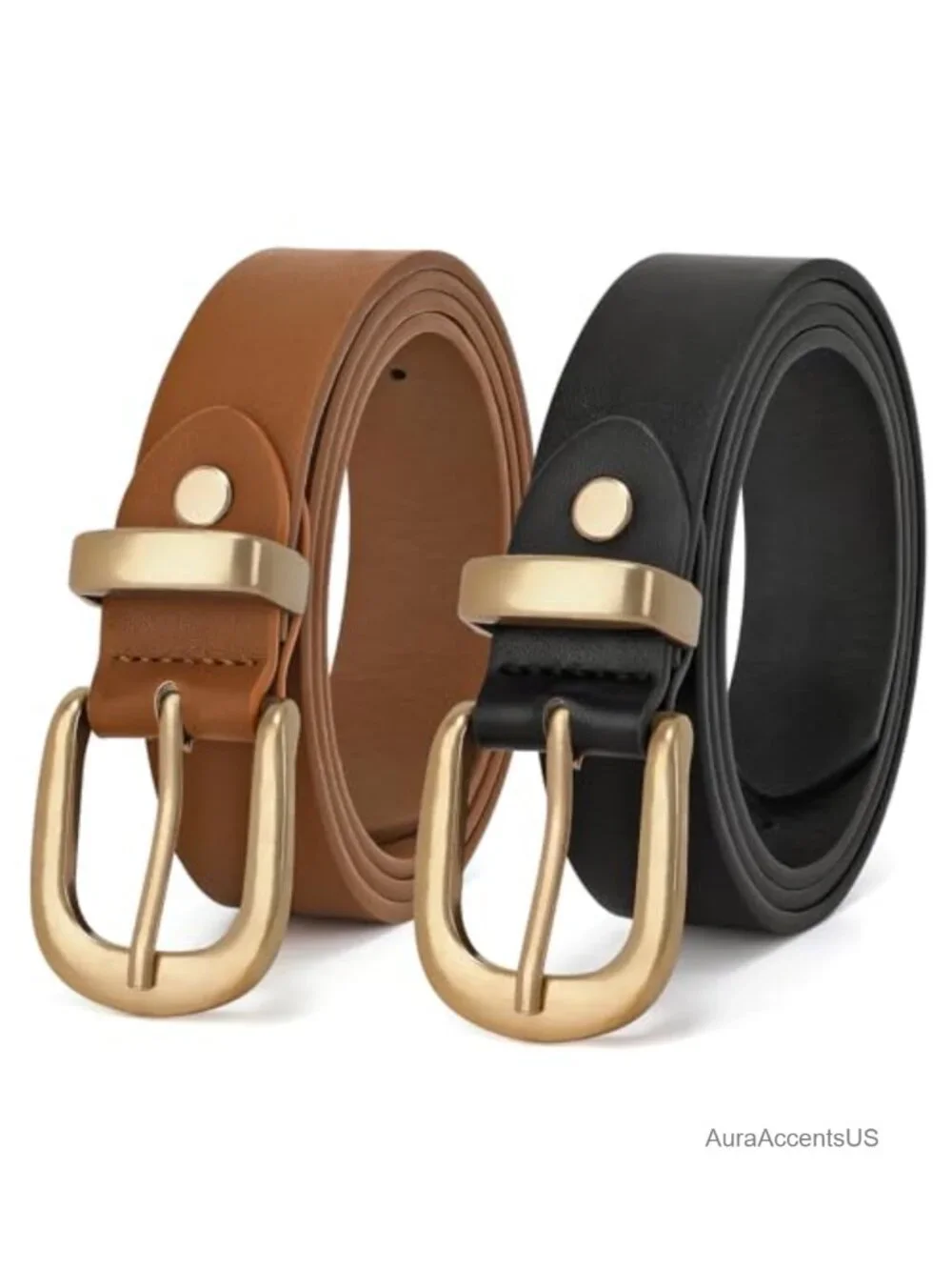 2 Pack Women Faux Leather Belts with Gold Buckle